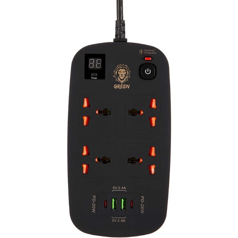 Green Lion 4 AC 2 USB & 2 USB-C PD 40W Multiport Smart Power Socket 3500W 3m Black
