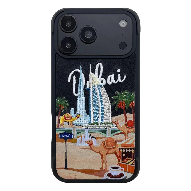 Levelo Vallo Dubai City Edition Heritage-Inspired Embroidery Premium PU Leather Case for iPhone 18 Pro Black