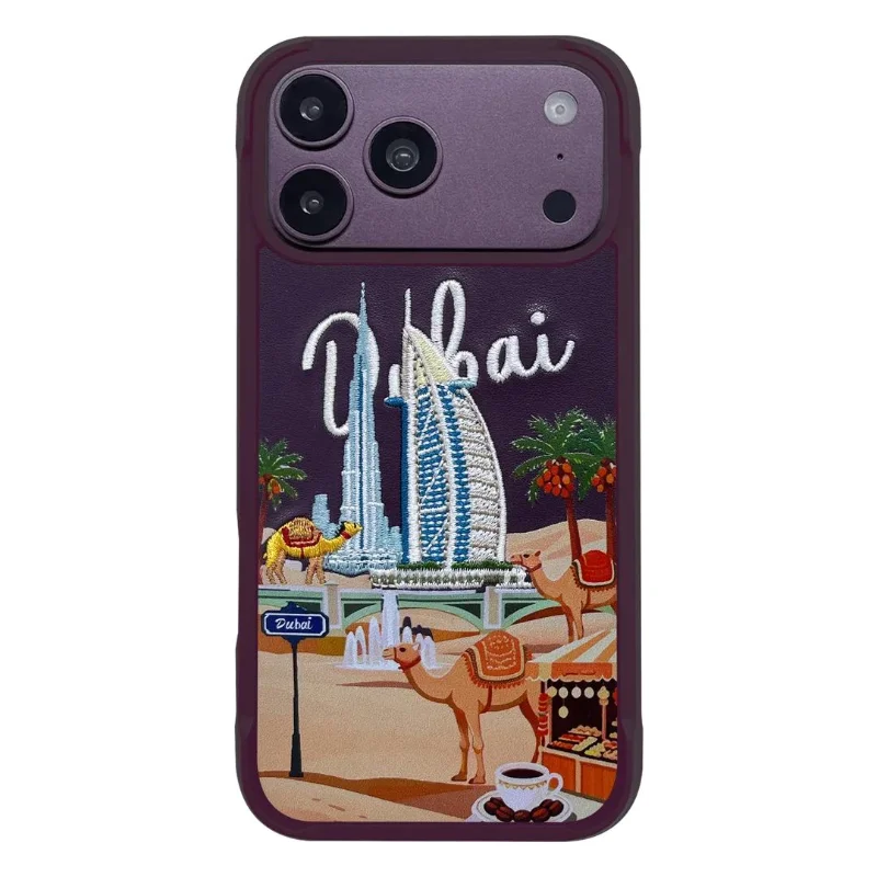 Levelo Vallo Dubai City Edition Heritage-Inspired Embroidery Premium PU Leather Case for iPhone 18 Pro Max Burgundy