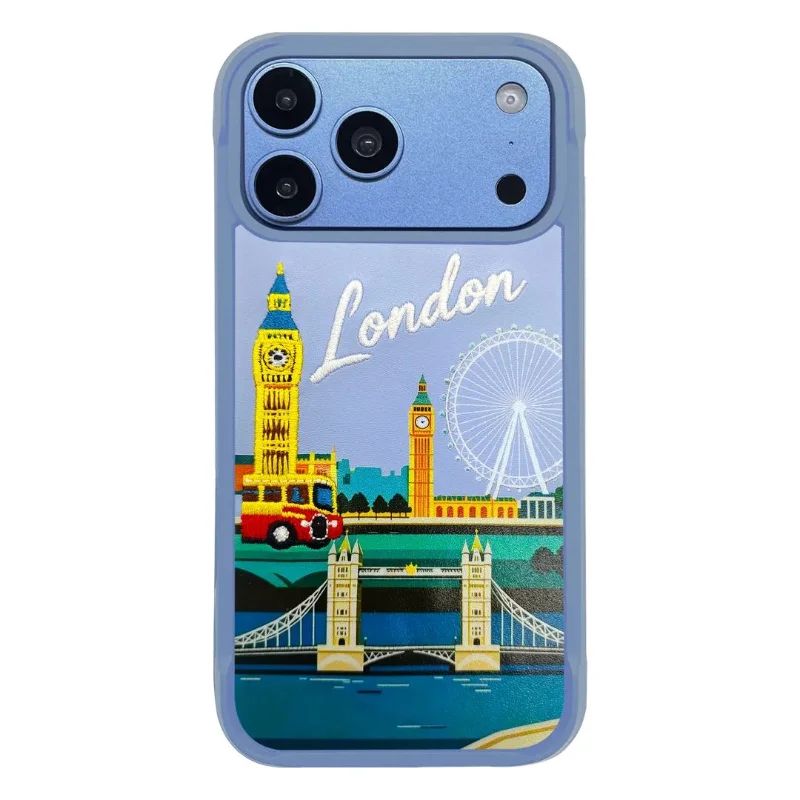 Levelo Vallo London City Edition Heritage-Inspired Embroidery Premium PU Leather Case for iPhone 18 Pro Light Blue