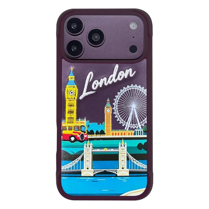 Levelo Vallo London City Edition Heritage-Inspired Embroidery Premium PU Leather Case for iPhone 18 Pro Max Burgundy