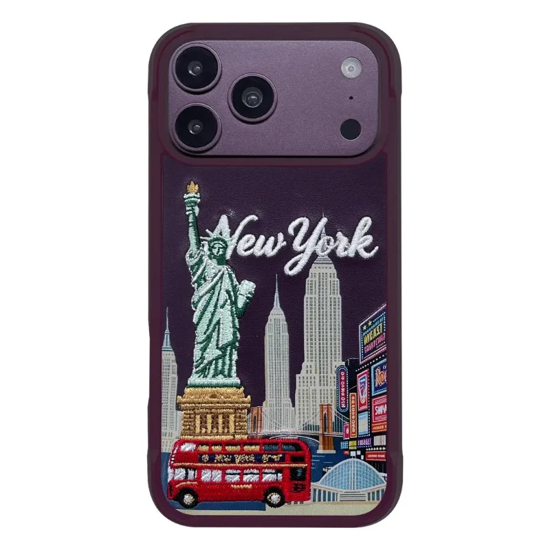 Levelo Vallo New York City Edition Heritage-Inspired Embroidery Premium PU Leather Case for iPhone 18 Pro Burgundy