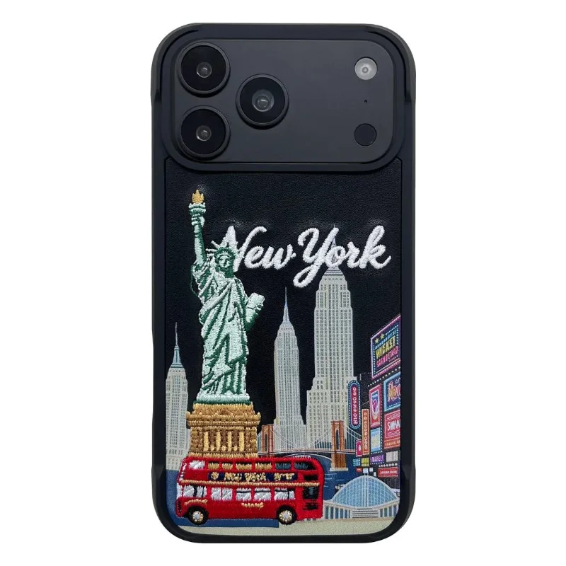 Levelo Vallo New York City Edition Heritage-Inspired Embroidery Premium PU Leather Case for iPhone 18 Pro Max Black