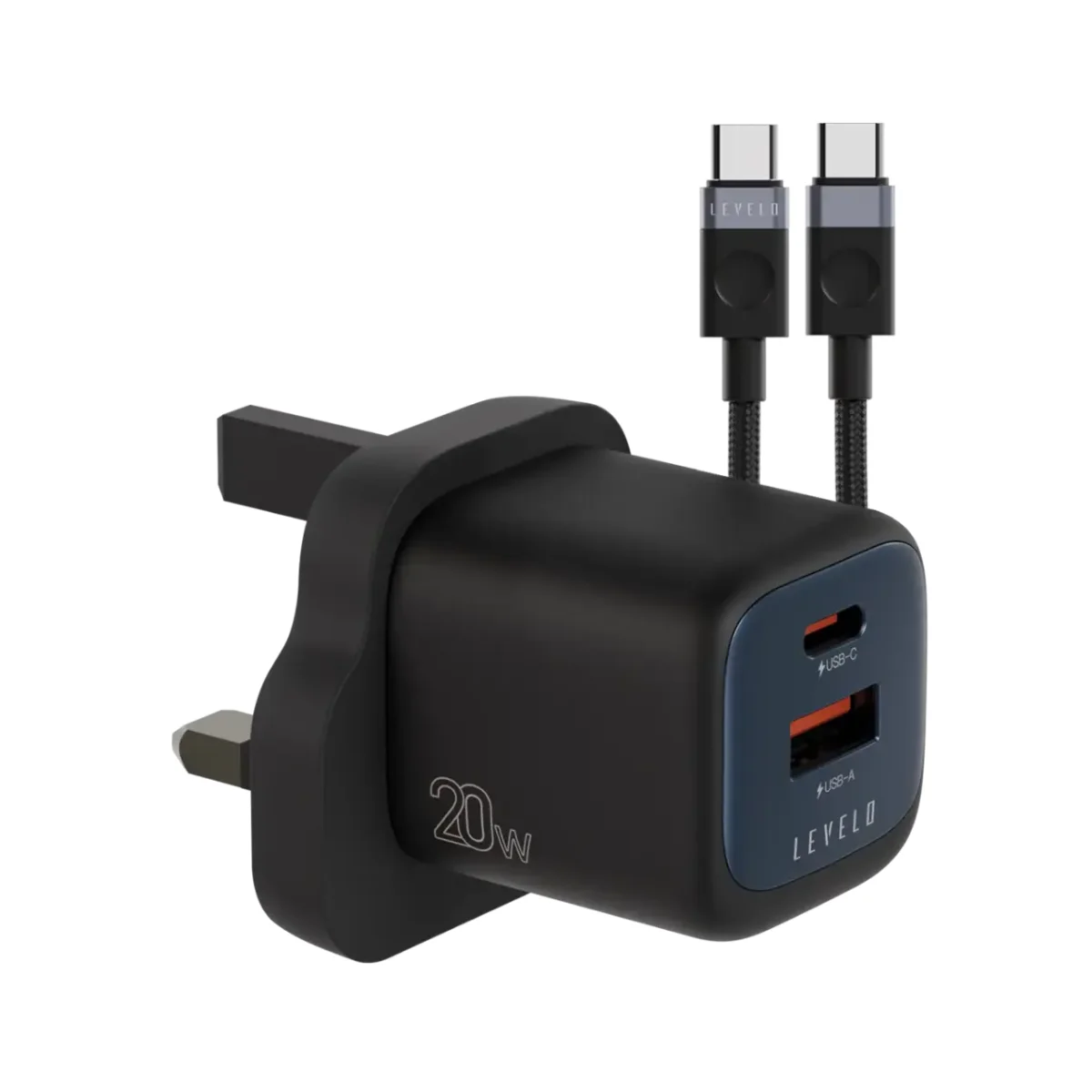 Levelo Vero GaN Dual Port Adapter PD 20W with Type-C to Type-C Cable Black & Blue
