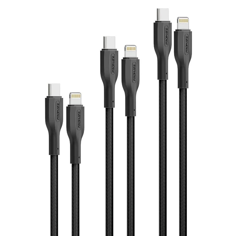 Promate CableKit-Ci 3Pcs High Tensile Strength 27W USB-C to Lightning Cable Kit Black