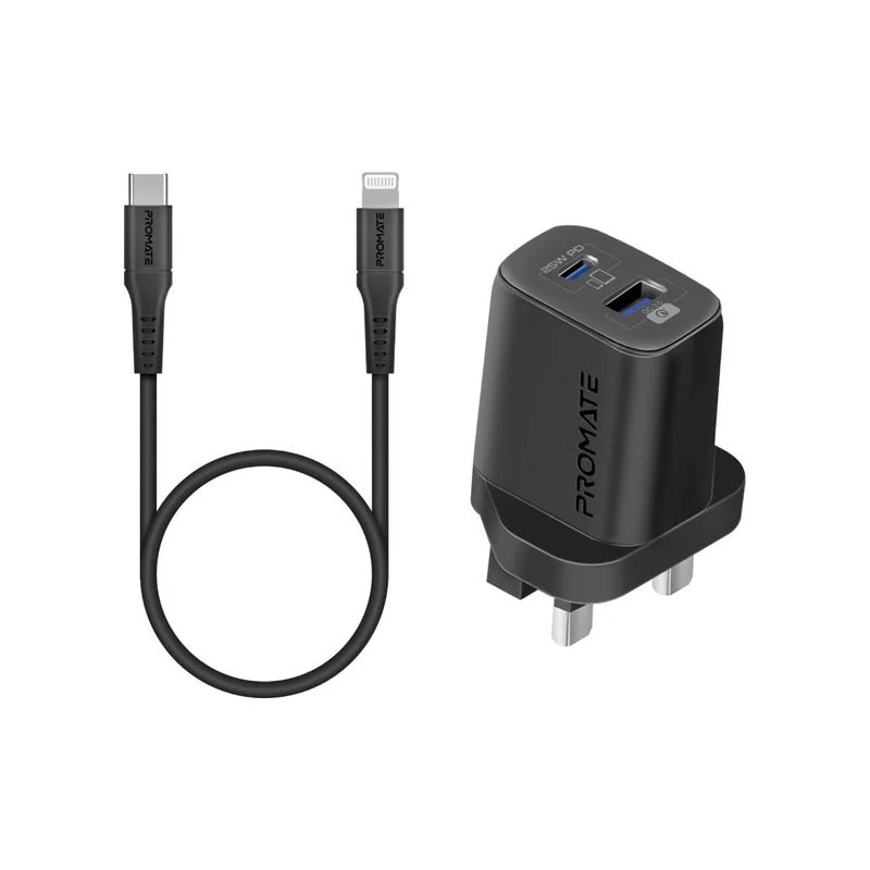 Promate ChargeKit-25PDi 25W Power Delivery Dual Port Adapter with Ultra-Fast USB-C to Lightning Cable UK Plug Black