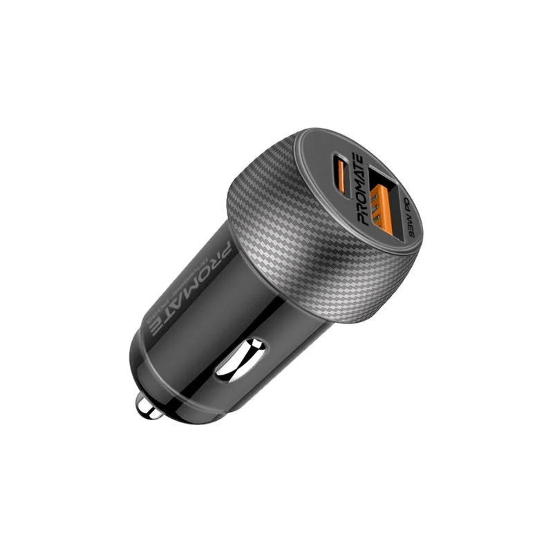 Promate DriveGear-PD33 Ultra-Fast Dual Port Car Charger with 33W Power Delivery and QC 3.0 Black
