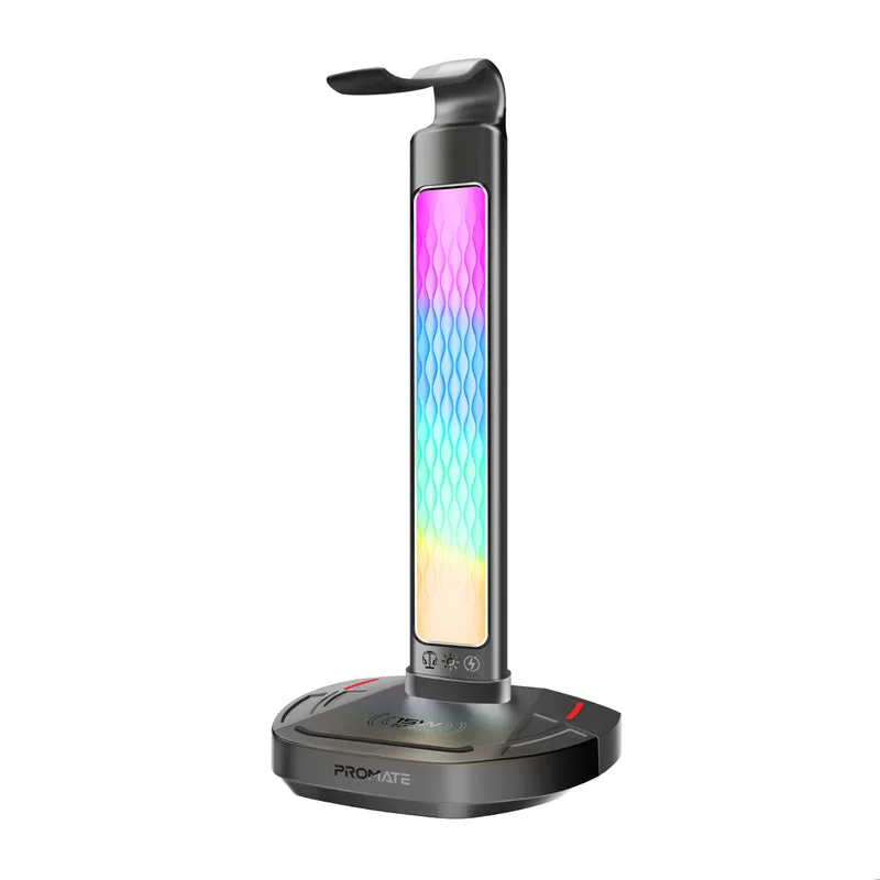 Promate FortX Multifunctional RGB Headset Stand with 15W Wireless Charger & USB Hub Black