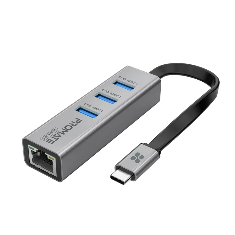 Promate GigaHub-C Multi-Port USB-C Hub with Ethernet Adapter Grey