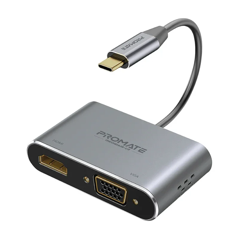 Promate MediaHub-C2 High Definition USB-C to HDMI and VGA Display Adapter Grey
