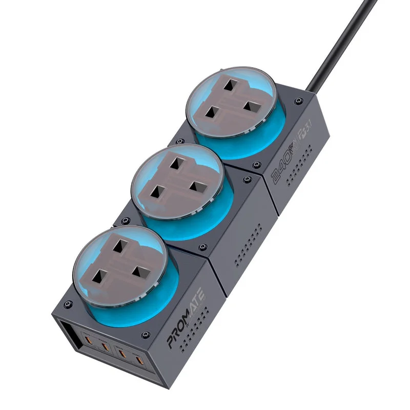 Promate PowerBrix-GaN240 240W Multi-Port RGB Desktop Charging Station with Triple AC Sockets Black