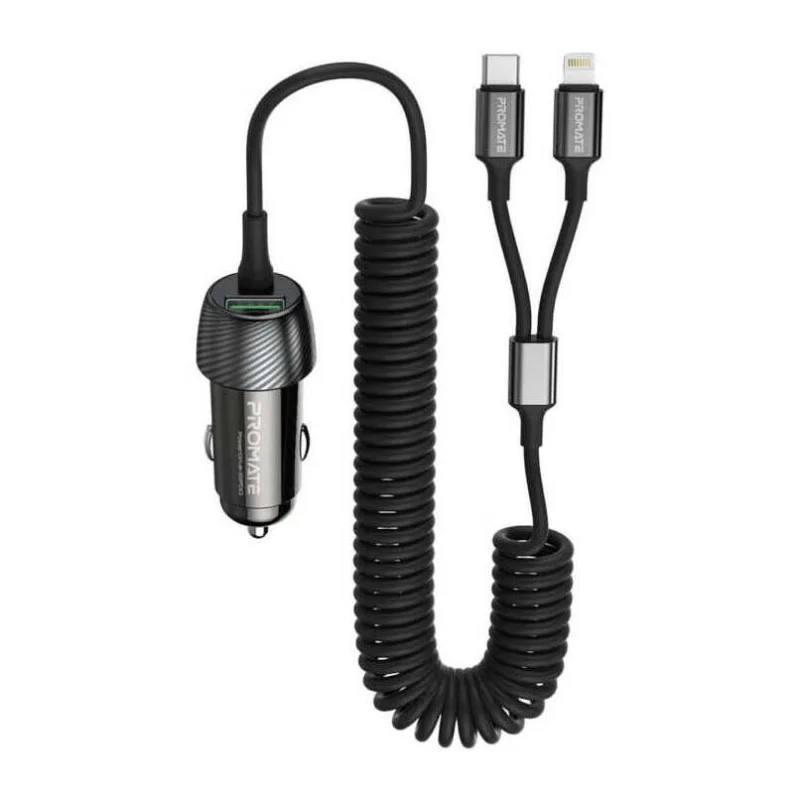 Promate PowerDrive-33PDCI 33W Car Charger with Lightning Connector & USB-C Cable Black