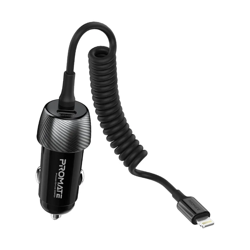 Promate PowerDrive-33PDI 33W Quick Charging Car Charger with Lightning Connector Cable Black