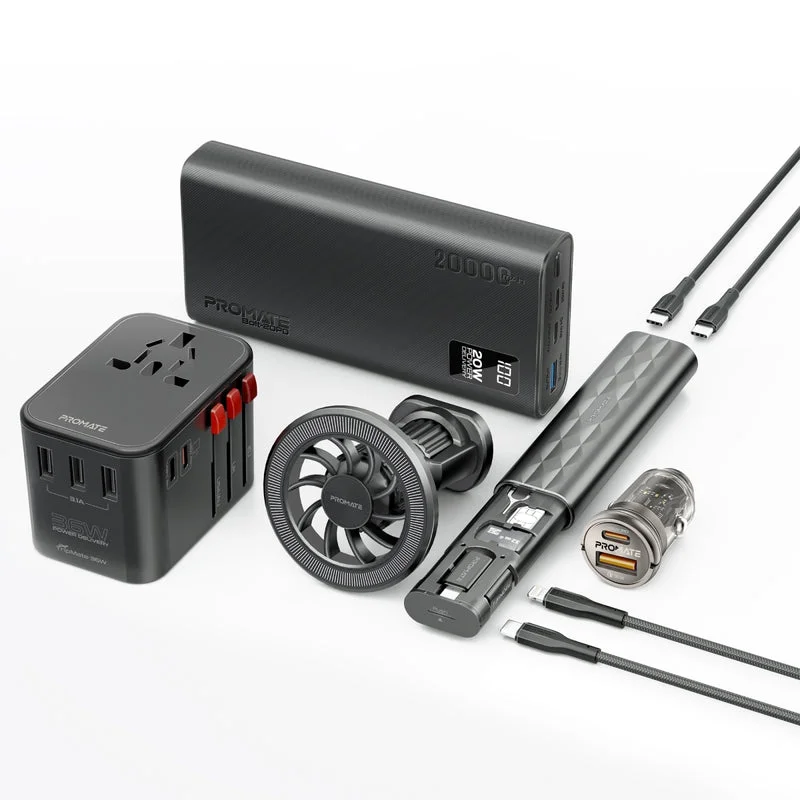 Promate PowerGear-Pro 7 in 1 Portable Essential Electronic Accessories Travel Charging Kit Black