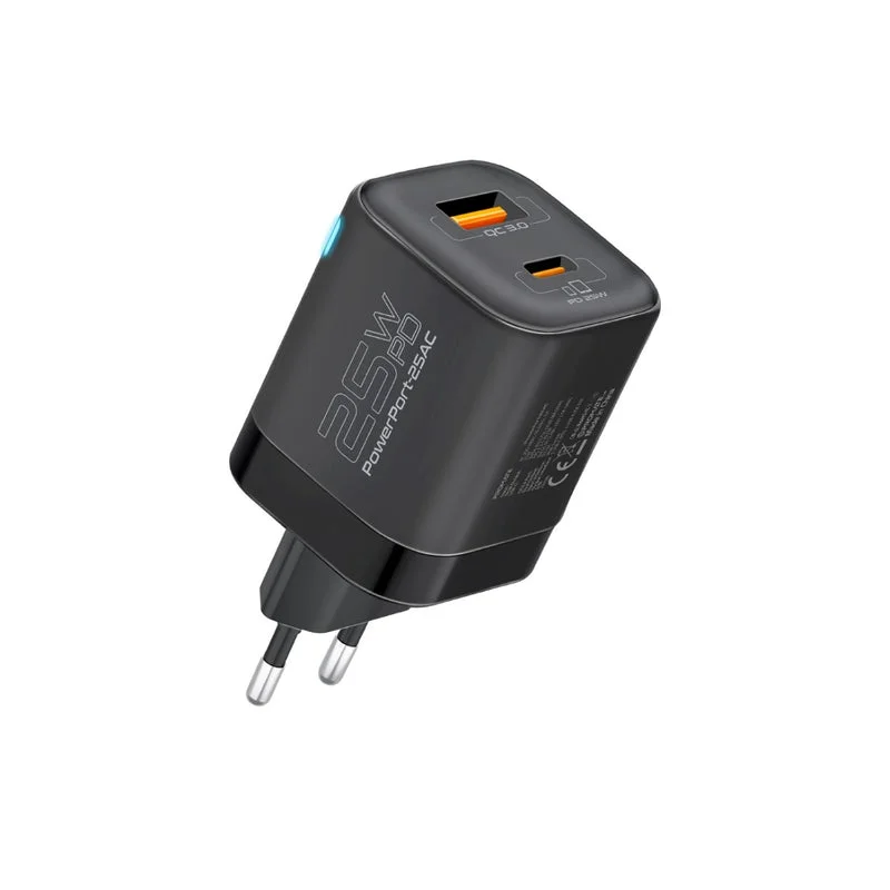 Promate PowerPort-25AC Ultra-Fast Dual Port AC Charger with 25W Power Delivery and QC 3.0 EU Plug Black