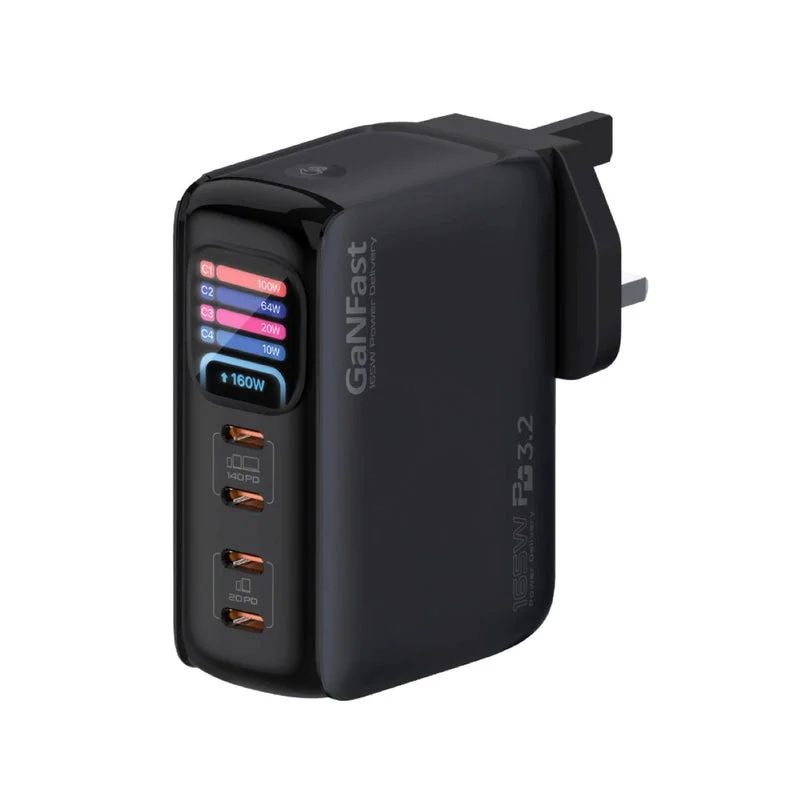 Promate Prime-165 165W Power Delivery 3.2 Multiport Charging Adapter with Smart Power Display UK Plug Black