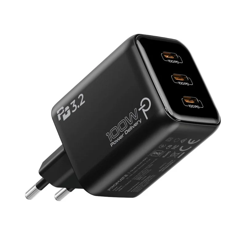 Promate Quantum-100 100W PD 3.2 Multiport Charger with Smart AI Temperature Control EU Plug Black