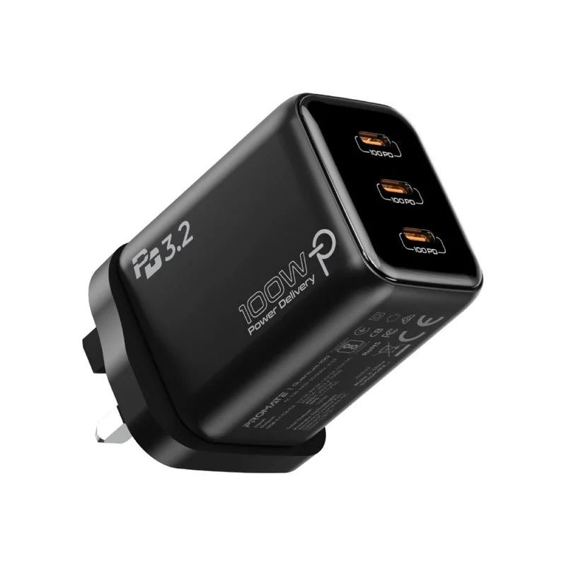 Promate Quantum-100 100W PD 3.2 Multiport Charger with Smart AI Temperature Control UK Plug Black