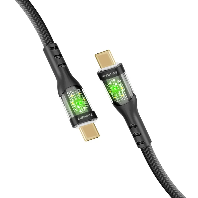 Promate TransLine-CC200 60W Power Delivery Ultra-Fast USB-C to USB-C Cable with Transparent Shells Black