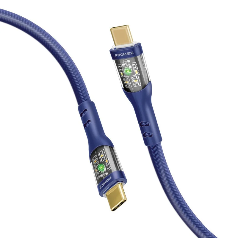 Promate TransLine-CC200 60W Power Delivery Ultra-Fast USB-C to USB-C Cable with Transparent Shells Navy