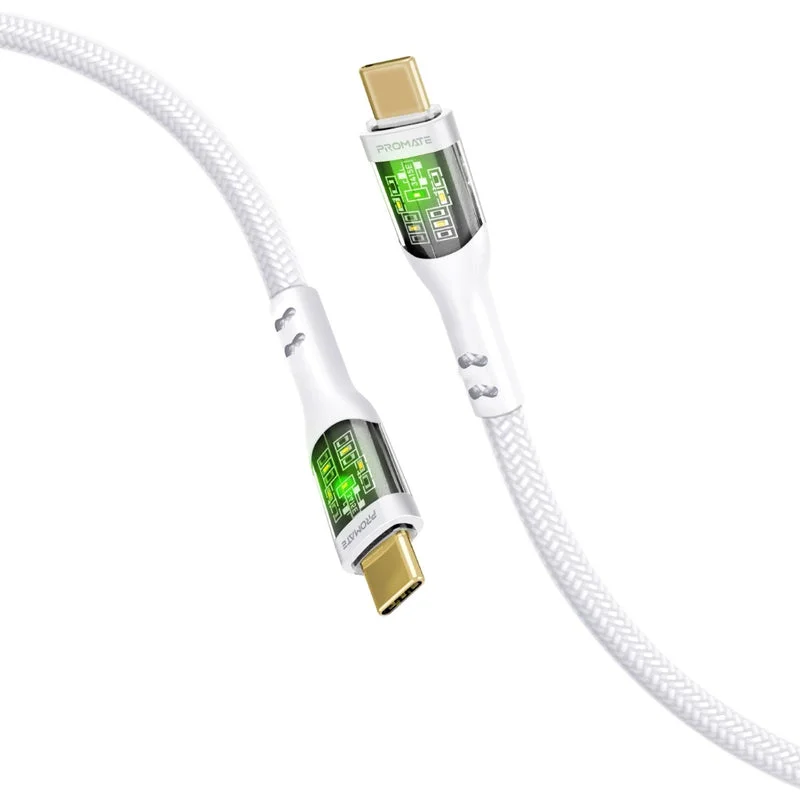 Promate TransLine-CC200 60W Power Delivery Ultra-Fast USB-C to USB-C Cable with Transparent Shells White