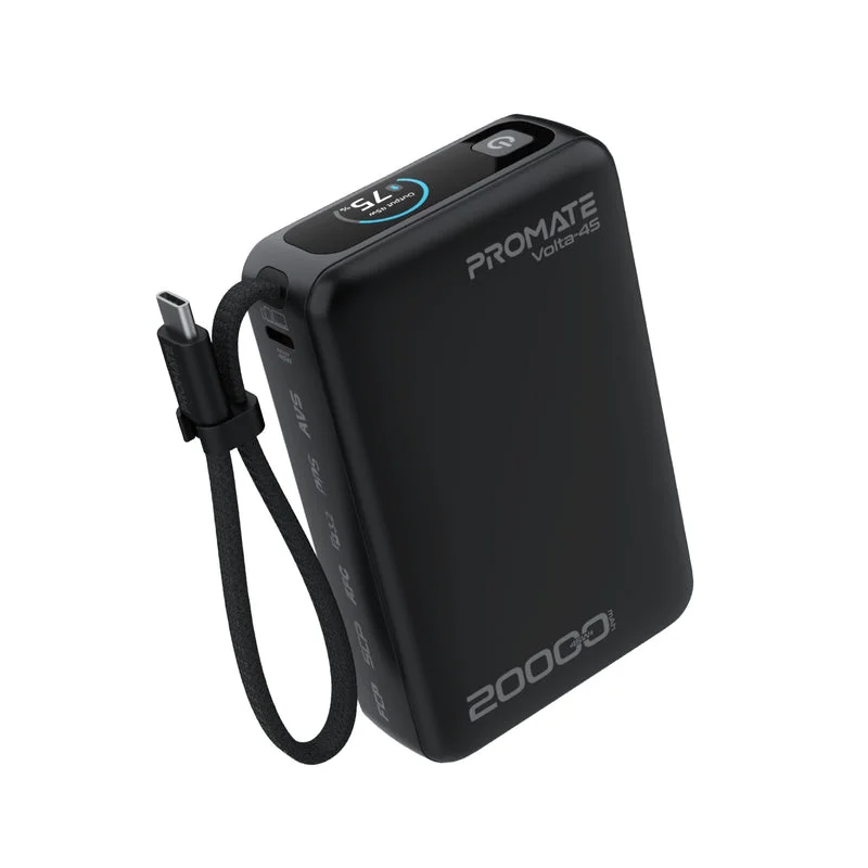 Promate Volta-45 20000mAh 45W PD Power Bank with Built-In USB-C Cable & Intelligent Display Black