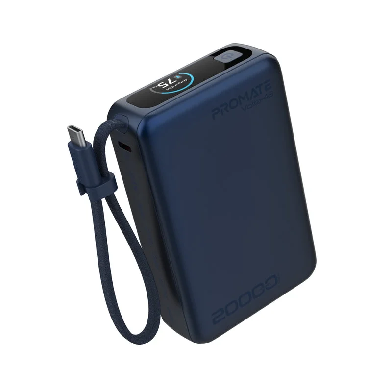 Promate Volta-45 20000mAh 45W PD Power Bank with Built-In USB-C Cable & Intelligent Display Navy