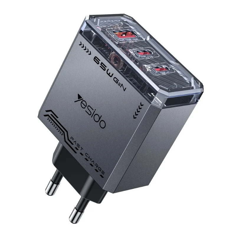 Yesido YC101 65W Mecha GaN Transparent 3-Port Fast Charger USB-A and  Dual USB-C Ports EU Plug Gray
