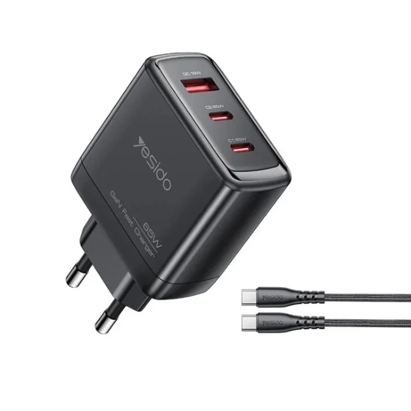 Yesido YC144C 65W Three-port Fast Charger with 1m Type-C Cable EU Plug Black