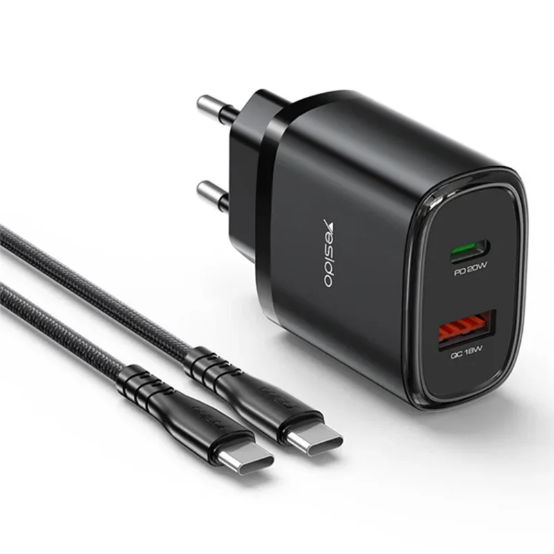 Yesido YC50 20W Dual Port USB-C + USB-A Travel Charger with 1m USB-C to USB-C Cable EU Plug Black