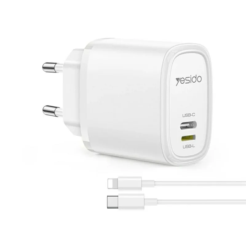 Yesido YC71 12W Dual USB-C and Lightning Ports Fast Charger with 1m Type-C to Lightning cable EU Plug White