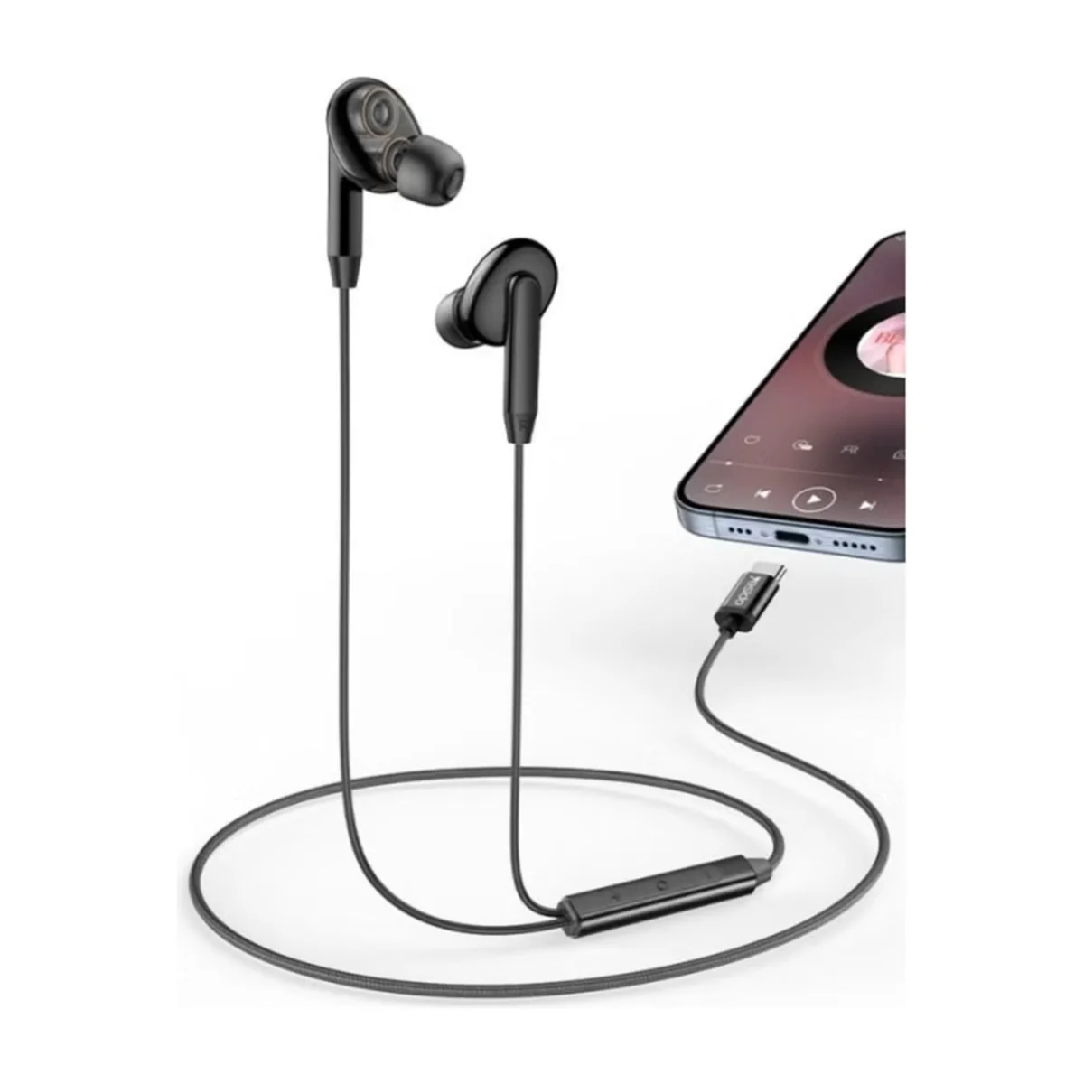 Yesido YH44 High Quality Ergonomically Designed In-Ear Dual Dynamic Type-C Wired Earphones Black